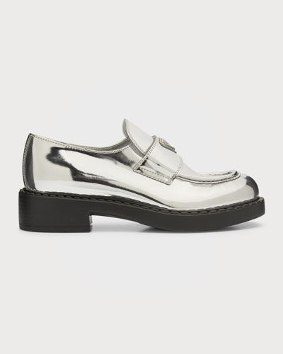 Shop Prada Chocolate Metal Loafers In Argento