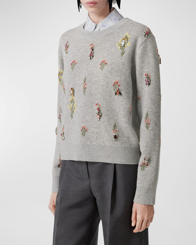 Shop Burberry Lorena Crystal Floral Embroidered Sweater In Parchment Grey