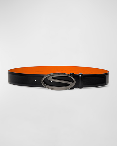 Shop Santoni Men's Oval S-logo Cuttable Leather Belt In Black