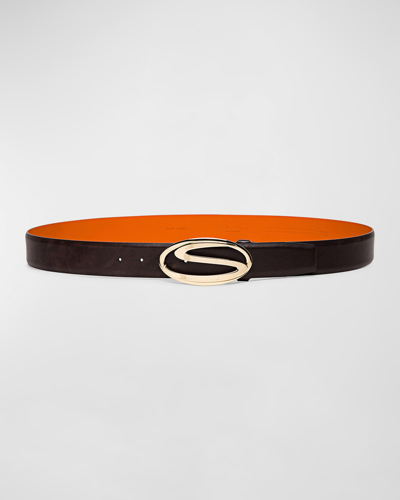 Shop Santoni Men's Oval S-logo Cuttable Leather Belt In Brown