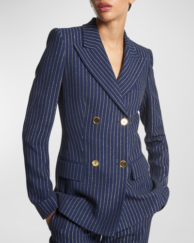 Shop Michael Kors Metallic Pinstripe Blazer Jacket In Navygold