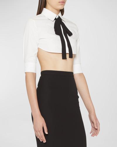 Shop Valentino Bow-neck Collared Popeline Crop Top In White
