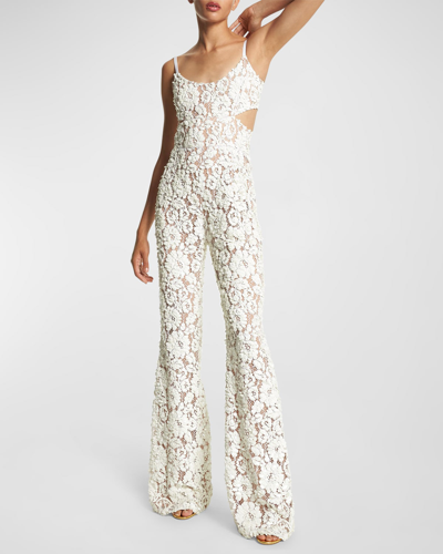 Shop Michael Kors Cutout Embroidered Lace Jumpsuit In Optic Whit