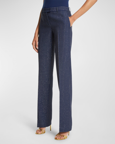 Shop Michael Kors Carolyn Metallic Pinstripe Straight-leg Pants In Navygold