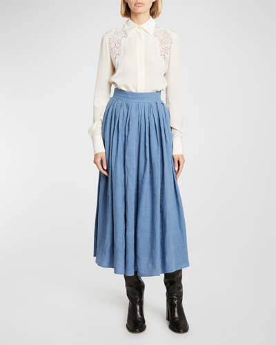 Shop Chloé Pleated Chambray Midi Skirt In Pure Blue