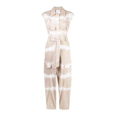 Stella Mccartney Tie-dye Belted Denim Jumpsuit In Beige