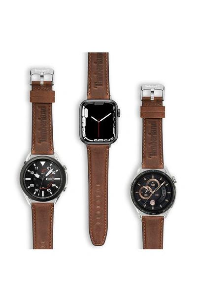 Shop Timberland Barnesbrook Water Repellent Leather 20mm Smartwatch Watchband In Brown