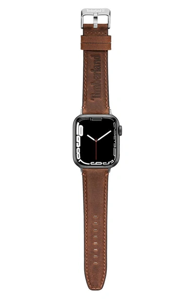 Shop Timberland Barnesbrook Water Repellent Leather 20mm Smartwatch Watchband In Brown