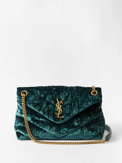 Shop Saint Laurent Puffer Small Crushed-velvet Shoulder Bag In Emerald