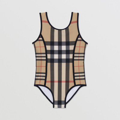 Shop Burberry Childrens Contrast Check Stretch Nylon Swimsuit In Archive Beige