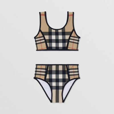 Shop Burberry Childrens Contrast Check Stretch Nylon Bikini In Archive Beige