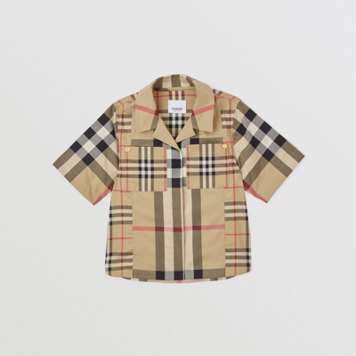 Shop Burberry Childrens Short-sleeve Patchwork Check Stretch Cotton Shirt In Archive Beige