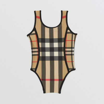 Shop Burberry Childrens Contrast Check Stretch Nylon Swimsuit In Archive Beige