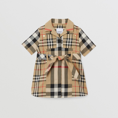 Shop Burberry Childrens Patchwork Check Stretch Cotton Tie-waist Shirt Dress In Archive Beige