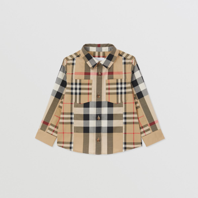 Shop Burberry Childrens Patchwork Check Stretch Cotton Shirt In Archive Beige