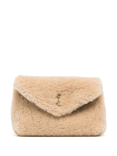Shop Saint Laurent Small Puffer Shearling Clutch In Yellow