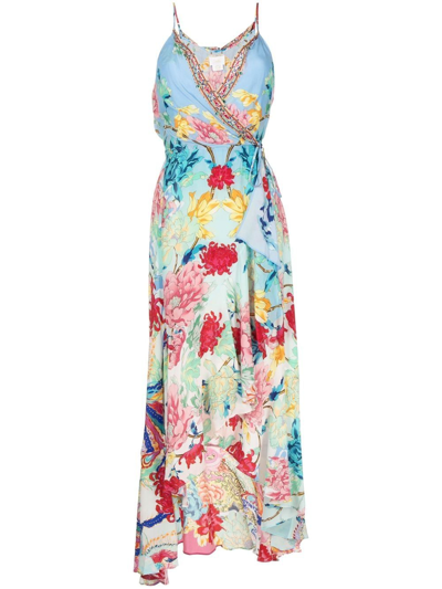 Shop Camilla Floral-print Silk Wrap Dress In Blue