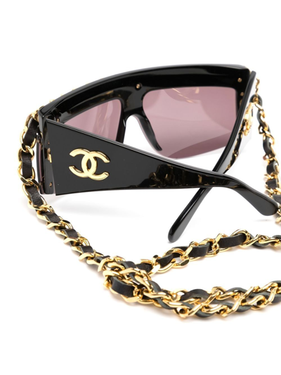 Pre-owned Chanel 1990-2000s Leather-and-chain Visor Sunglasses In Black