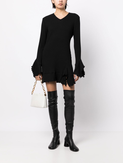 Shop Goen J V-neck Ruffle-trim Mini Dress In Black