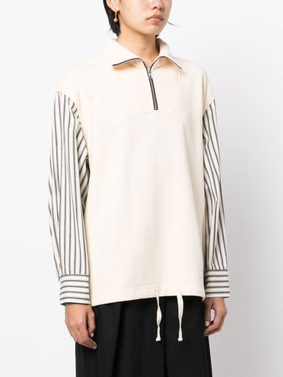 Shop Goen J Poplin Striped-sleeve Sweatshirt In Neutrals