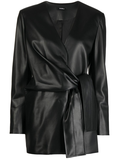 Shop Goen J Knot-detail Vegan Leather Collarless Blazer In Black