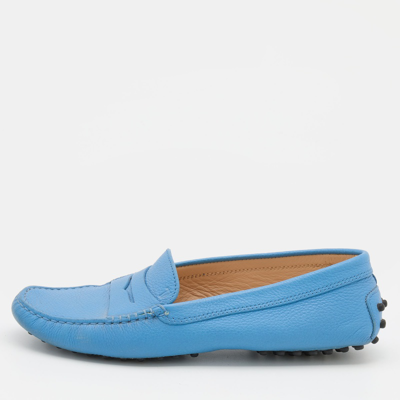 Pre-owned Tod's Blue Leather Gommino Slip On Loafers Size 37.5
