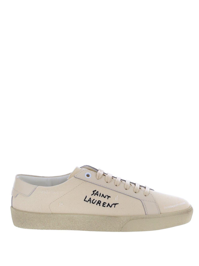 Shop Saint Laurent Court Classic Sl/o6 Embroidered Sneakers In Canvas And Leather In Beige