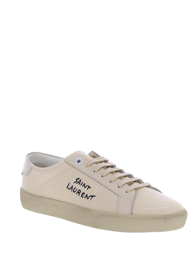 Shop Saint Laurent Court Classic Sl/o6 Embroidered Sneakers In Canvas And Leather In Beige