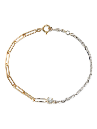 Shop Yvonne Léon 18kt Yellow And White Gold Solitaire Diamond Mix Chain Bracelet