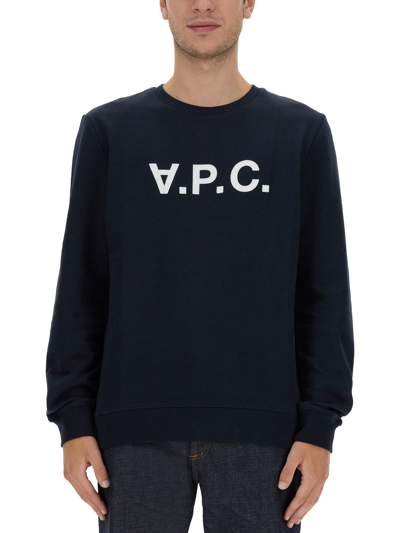 Shop Apc Flocked Logo Print Crewneck Sweatshirt In Blue