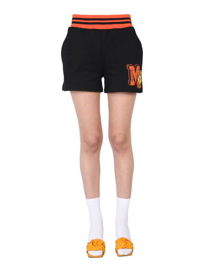 Shop Moschino "teddy Bear" Varsity Shorts In Black