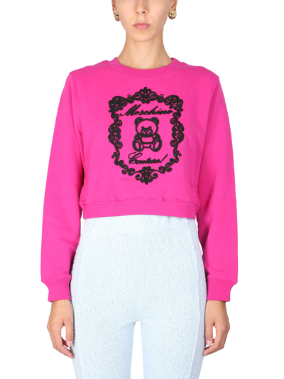 Shop Moschino Sweatshirt With Teddy Embroidery In Purple