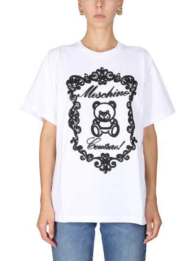 Shop Moschino T-shirt With Teddy Embroidery In White