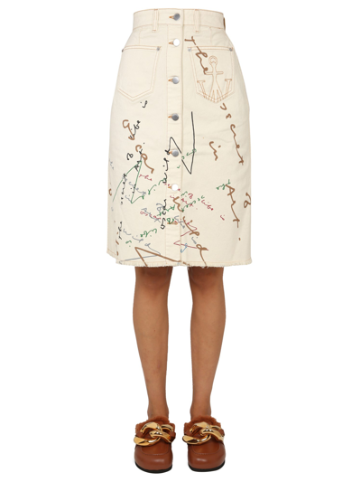 Jw Anderson Oscar Wilde Capsule White Denim Midi Skirt In White