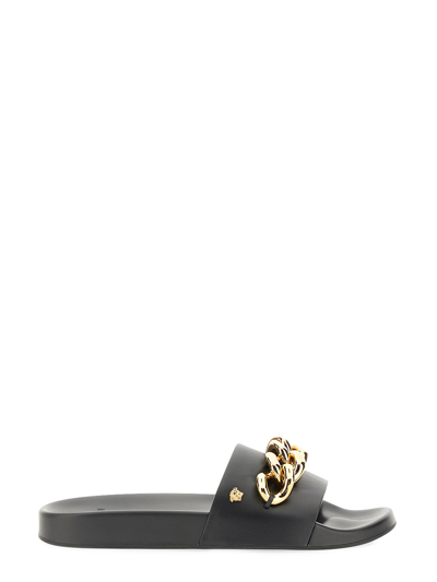 Shop Versace Slide Chain Sandal In Black