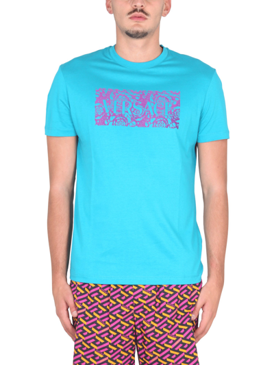 Versace Logo-print Short-sleeved T-shirt In Azure