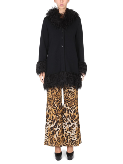 Shop Boutique Moschino Knitted Coat Furry Details In Black