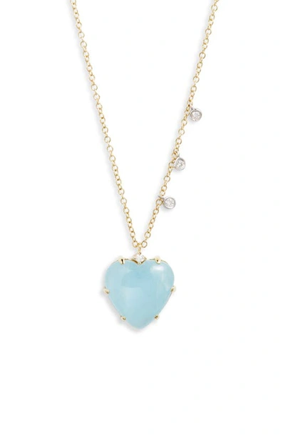 Shop Meira T Milky Aquamarine & Diamond Heart Pendant Necklace In 14k Yellow Gold/ Aqua