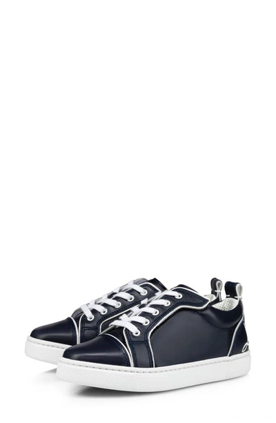Shop Christian Louboutin Kids' Funnyto Calfskin Leather Sneaker In Navy/ Bianco