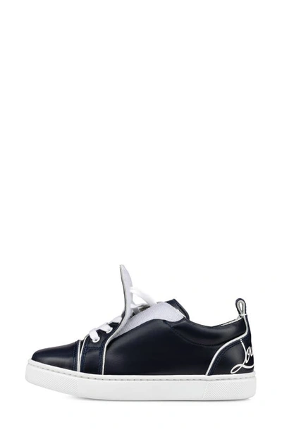 Shop Christian Louboutin Kids' Funnyto Calfskin Leather Sneaker In Navy/ Bianco