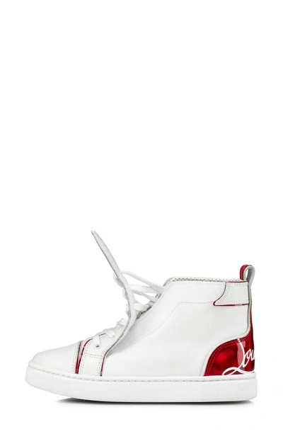 Shop Christian Louboutin Kids' Funnyto High Top Calfskin & Patent Leather Sneaker In Bianco/ Loubi