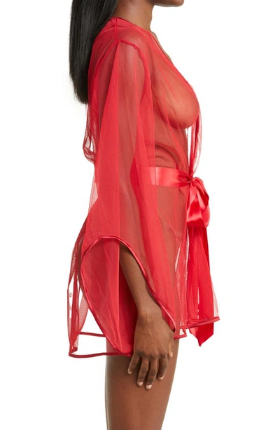 Oh La La Cheri Plus Size Eyelash Lace 2pc Lingerie Set, Robe With Satin Sash And G-string In Red
