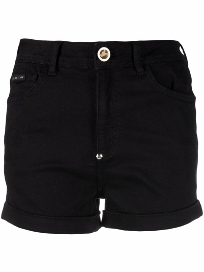 Shop Philipp Plein Hexagon Denim Hot Pants In Black