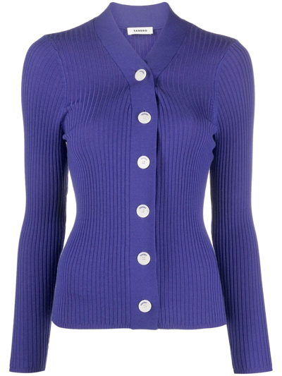 Shop Sandro Gabrielle Ribbed-knit Cardigan In Purple