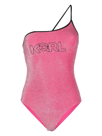 Shop Karl Lagerfeld Ikonik 2.0 Lurex Swimsuit In Pink