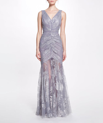Shop Marchesa Notte V-neck Ruched Gown In Grey
