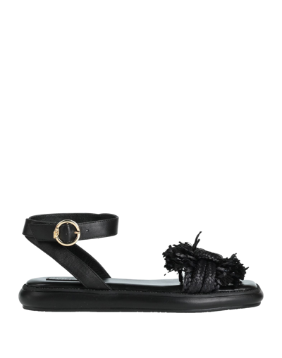 Shop Liu •jo Woman Sandals Black Size 7 Soft Leather, Natural Raffia