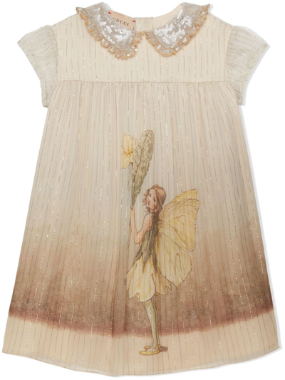 Shop Gucci Lamé Butterfly-print Dress In Neutrals