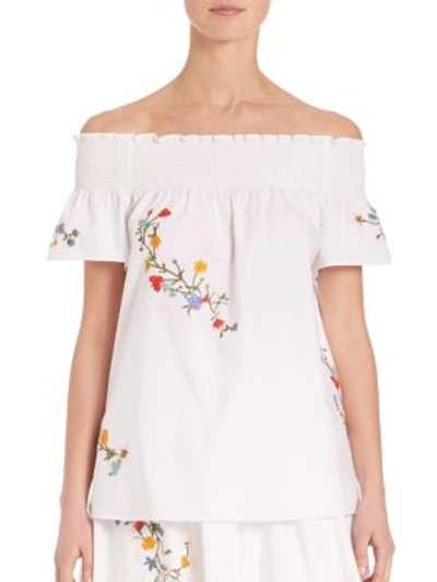 Tory Burch Eliza Off-the-shoulder Embroidered Cotton Blouse In White