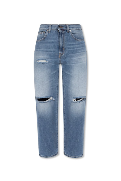 Shop Love Moschino Distressed Tapered Leg Jeans In Blue